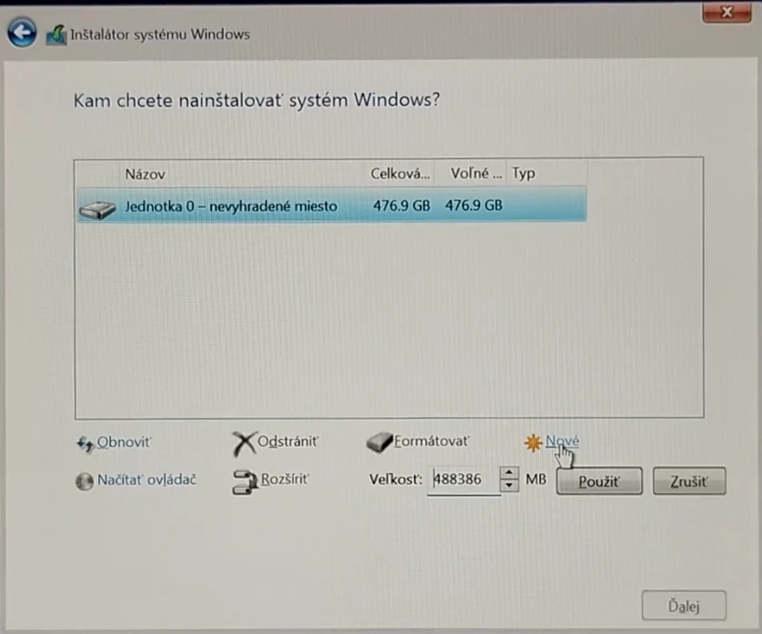 vytvorenie partície na disku