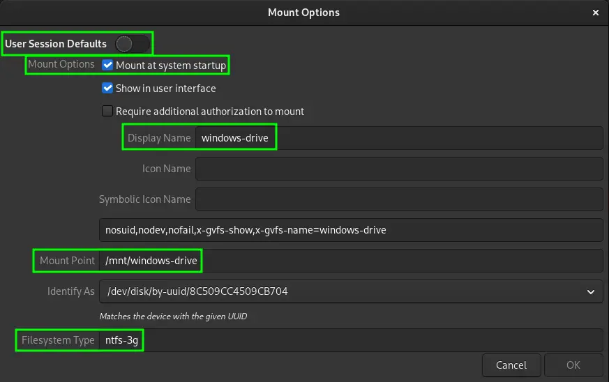 Rozhranie programu gnome-disks. Na obrázku je otvorené okno úprav Mount Options