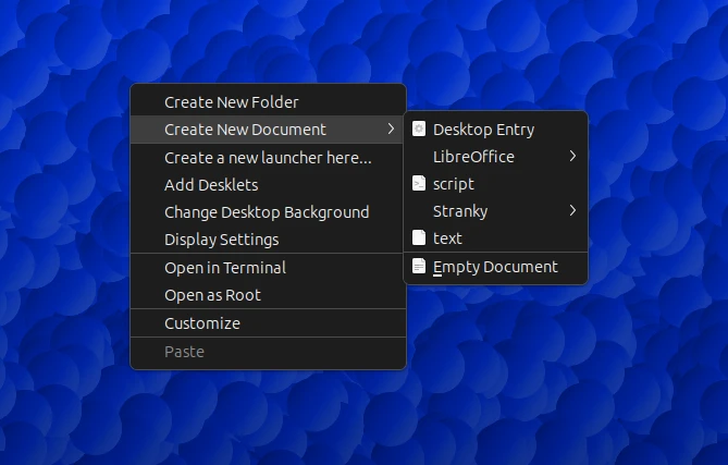 Otvorené kontextové okno templates na pracovnej ploche