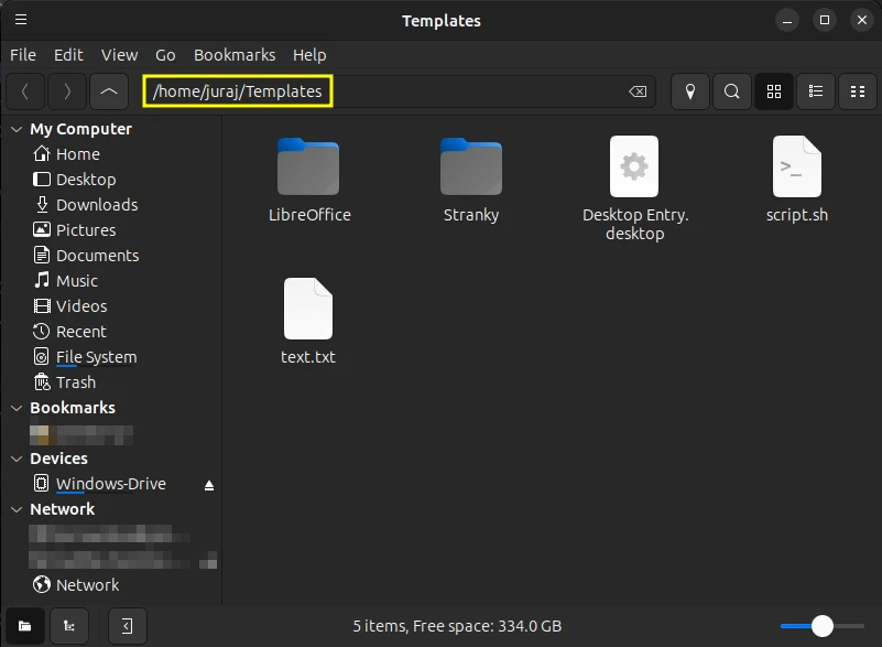 Ukážka adresára Templates vo file explorer Nemo