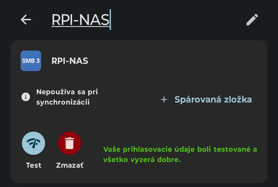 Ukážka konfigurácie v aplikácii FolderSync na Androide