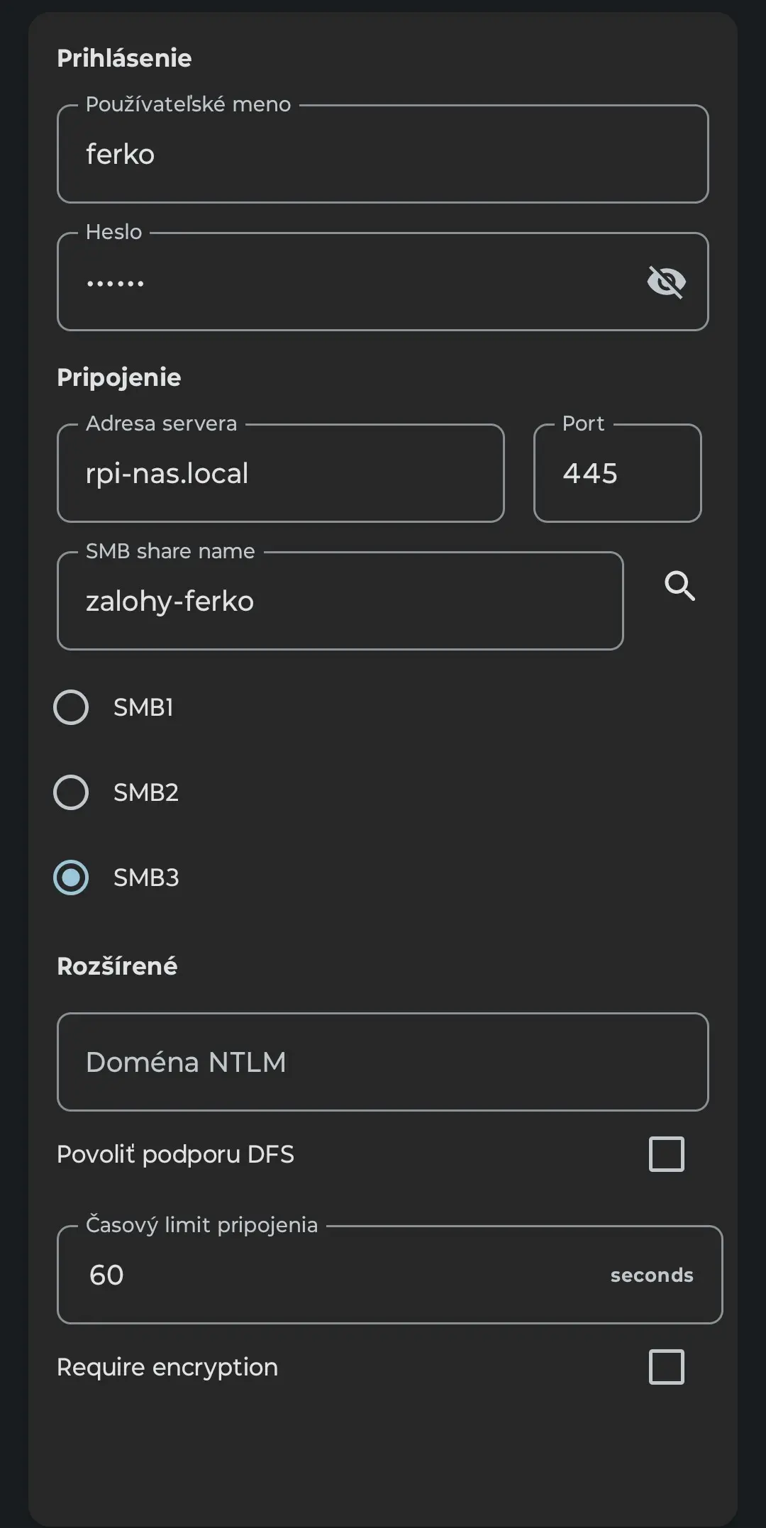 Ukážka konfigurácie v aplikácii FolderSync na Androide