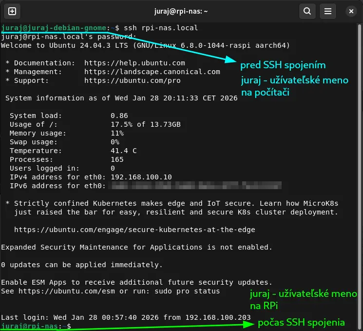 Zobrazenie SSH pripojenia k Rasbperry Pi