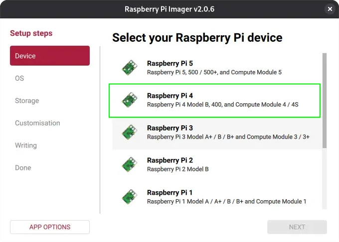 Spustená aplikácia Raspberry Pi Imager
